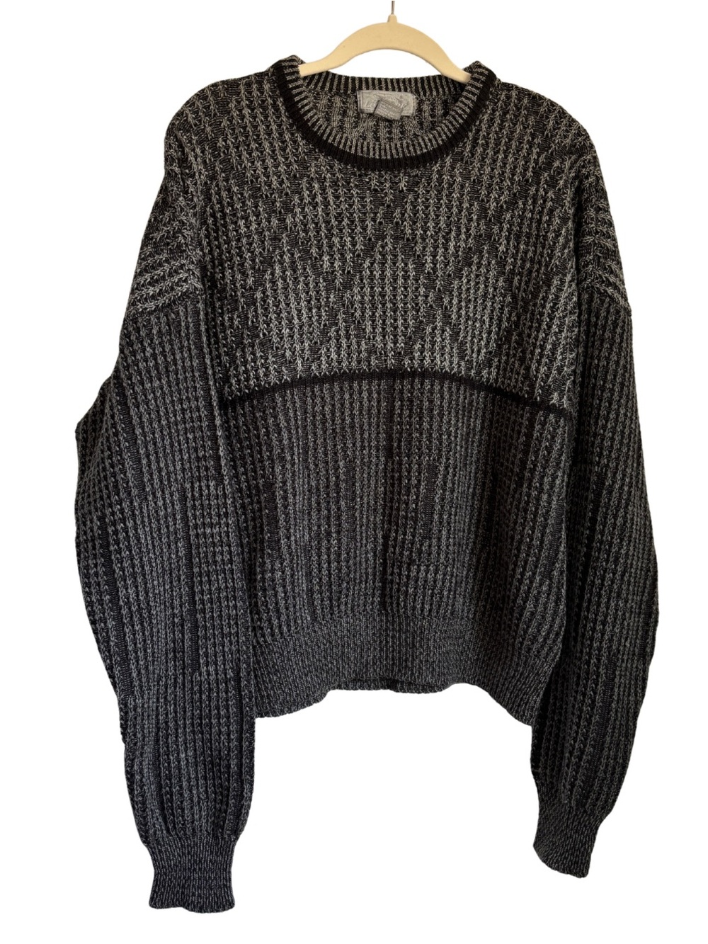 Vintage Le Tigre Sweater Mens XL Black Gray Chunky Knit Diamond Crewneck Grandpa